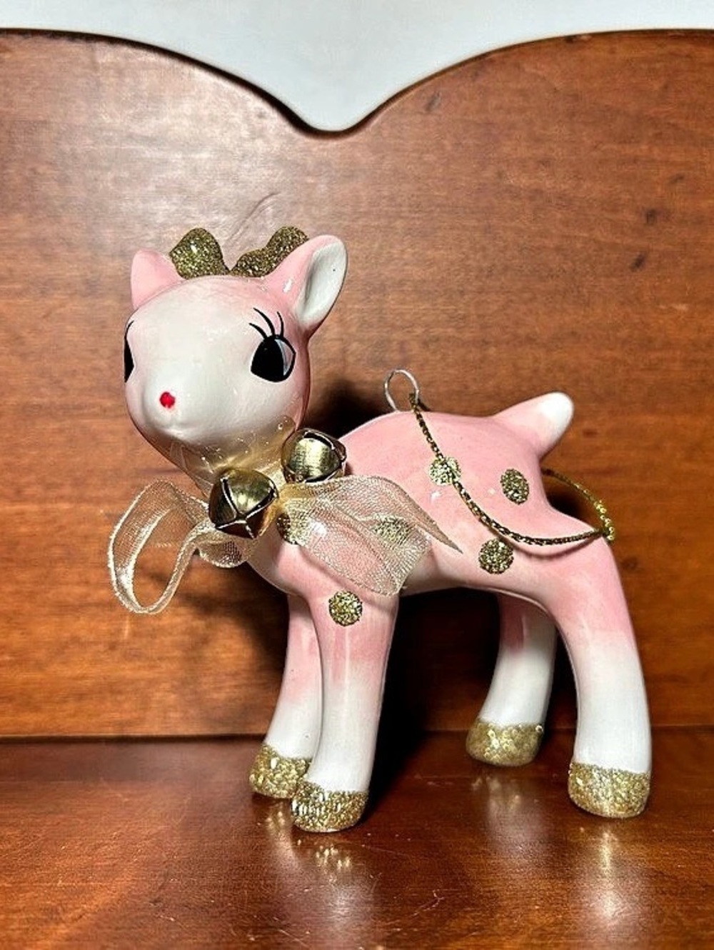 Quantity 1 - Pink White & Gold Glitter Deer Ornament 3” long x 1.5” depth x 3.5”